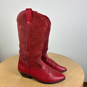Coasters Red Lizard Embossed Suede Western Cowboy Boots Women's 8 Vintage Retro